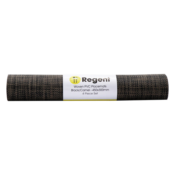 REGENT PLACE  MATS WOVEN PVC CAMEL/BLACK 4 PACK ROLL, (300X450MM)