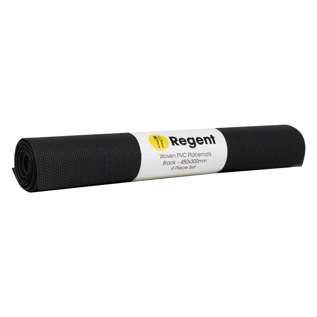 REGENT PLACE MATS WOVEN PVC BLACK WITH BORDER 4 PACK ROLL, (300xX450MM)