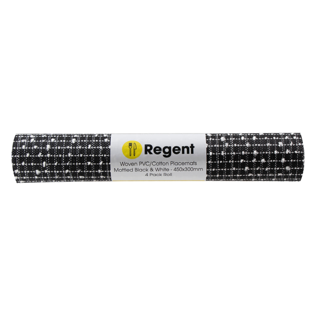 REGENT PLACE MATS WOVEN PVC/COTTON MOTTLED BLACK/WHITE, 4 PACK ROLL (300X450MM)