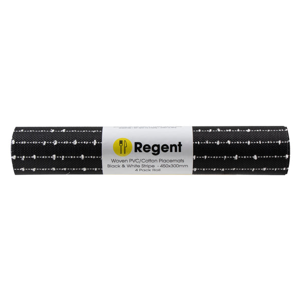 REGENT PLACE MATS WOVEN BLACK PVC WITH WHITE COTTON WEAVE STRIPES, 4 PACK ROLL (300X450MM)