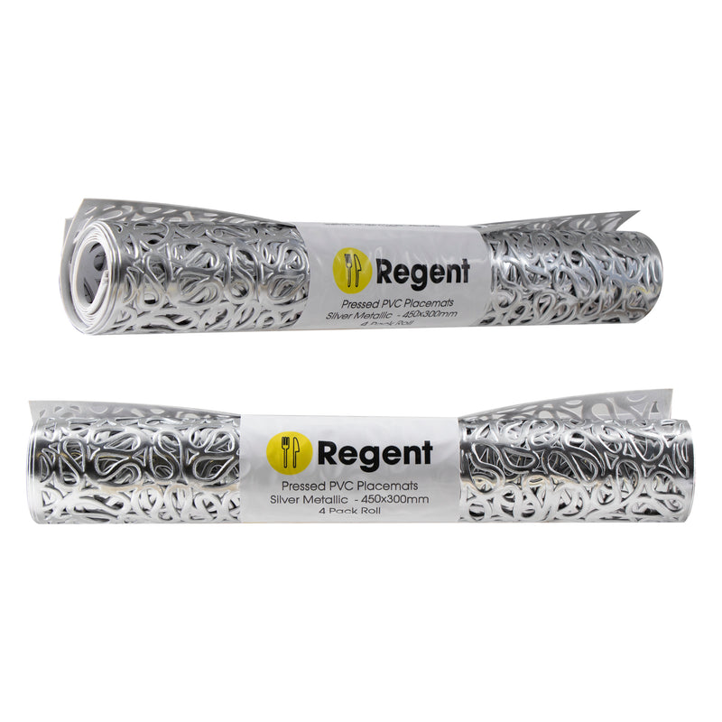 REGENT PLACE MATS PRESSED SILVER METALLIC PVC, 4 PACK ROLL (300X450MM)