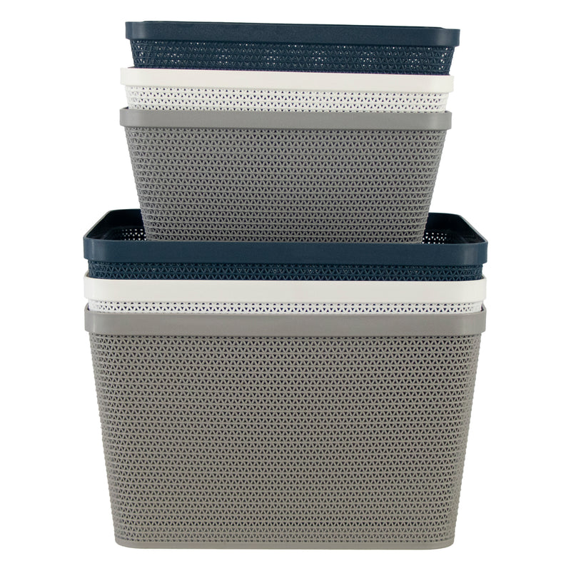 REGENT PLASTIC NEW KNIT DEEP BASKET LARGE, ASST. COLOURS BLUE, GREY AND WHITE (360X295X215MM)