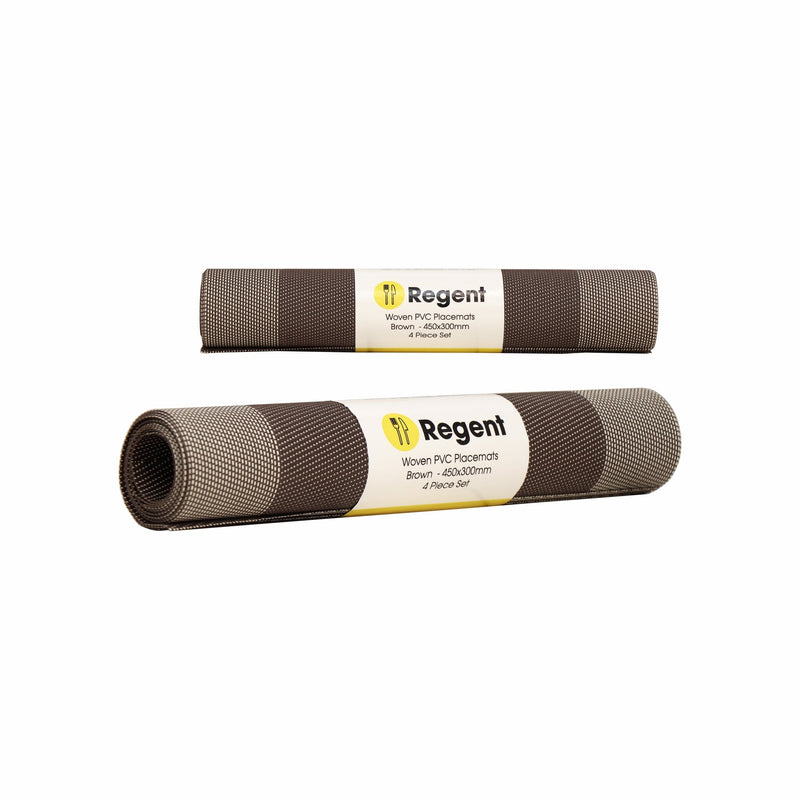 REGENT PLACE MATS WOVEN PVC BROWN WITH BORDER 4 PACK ROLL, (450X300MM)